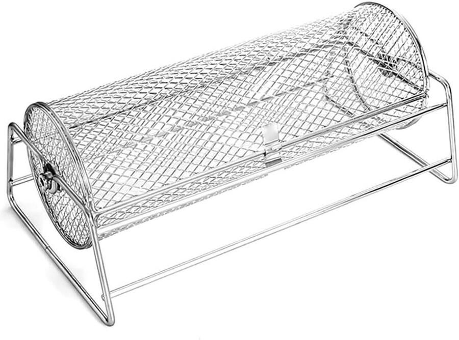 Grillmand Roestvrij Staal Draaispit Mand Gelijkmatig Grillen Robuuste Constructie 37 x 18 x 15 cm Zilver