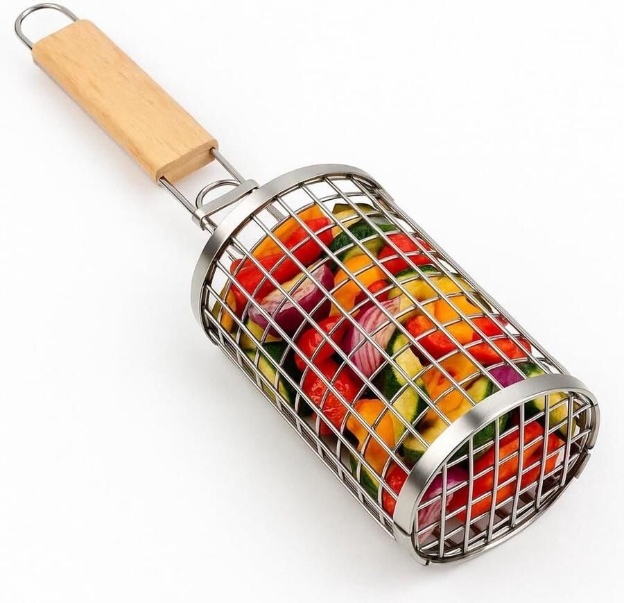 Grillmand Roestvrij Staal Groente Vis Mand Eenvoudig Grillen Rolbaar Design 296 cm Zilverkleurig