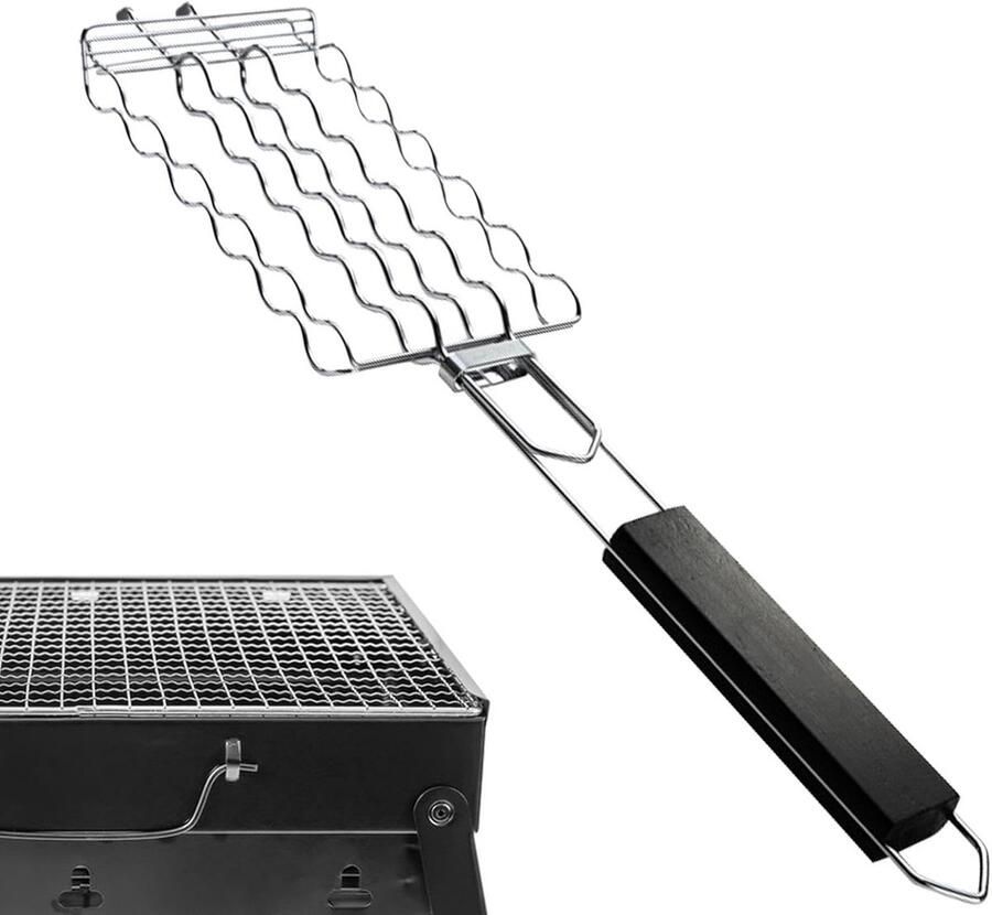 Grillmand Roestvrij Staal Opvouwbaar Kooknet Buiten Koken Afneembare Handgreep 55.5 x 12 x 3 cm Zilver
