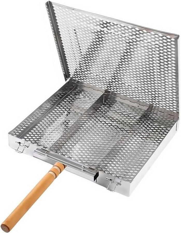 Grillmand Roestvrijstaal BBQ Mand Buiten Koken Afneembaar Houten Handvat 30.5 x 25.5 cm Zilver