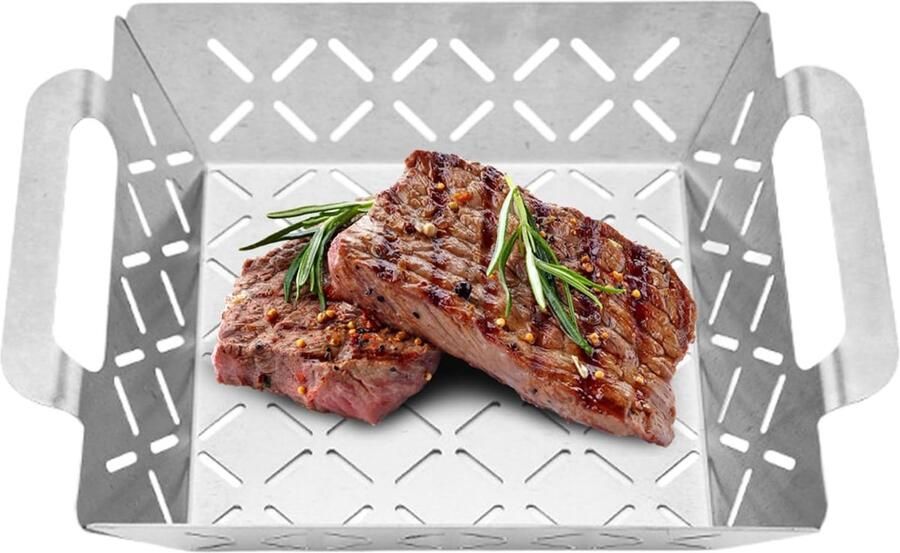 Grillmand Roestvrijstaal BBQ mand Buiten koken Geperforeerd ontwerp 28 x 23 x 6 cm Zilverkleurig