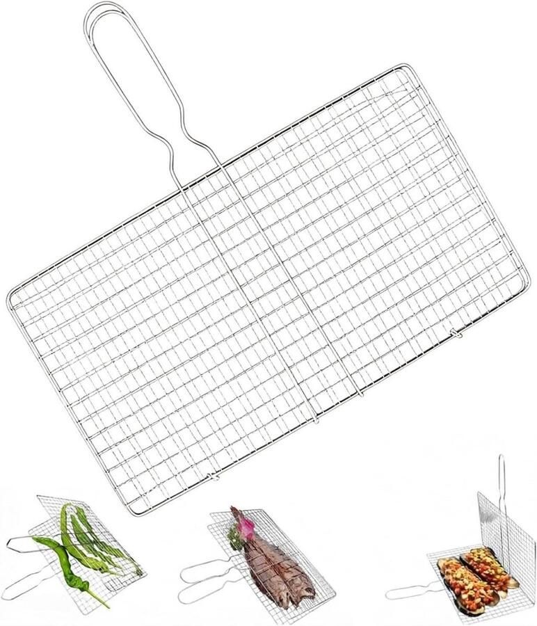 Grillmand RVS Kookrek Visgrillmand Buiten Grillen Antiaanbak Gaas 39x21x14 cm Zilver