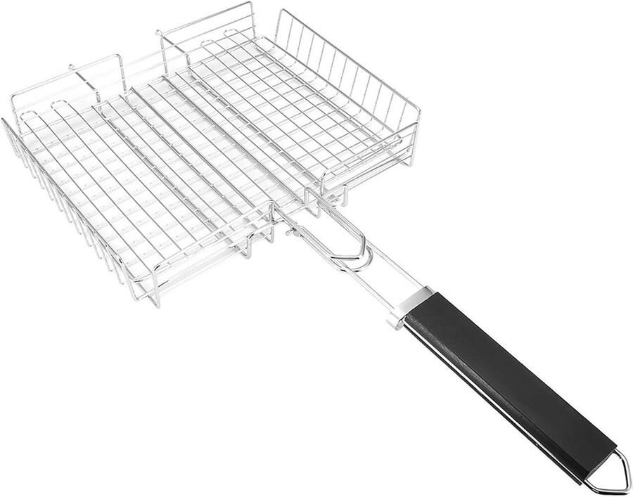Grillmand Roestvrijstaal Groente Vis Mand Buiten Grillen Verstelbaar Houten Handvat 38 x 32 cm Zilver