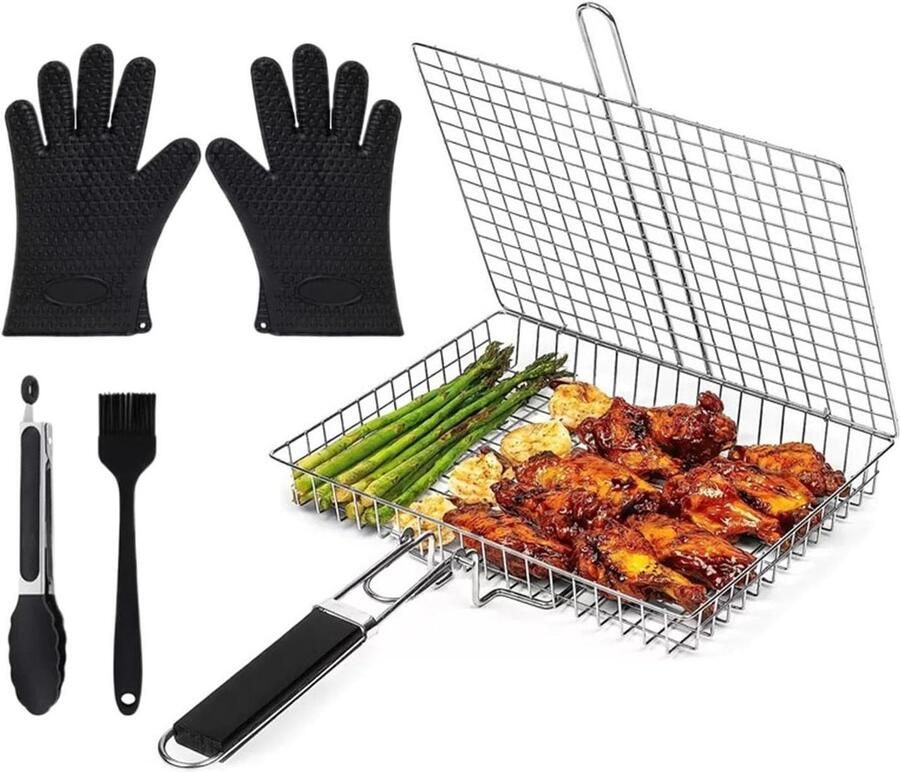 Grillmand Roestvrijstaal Opvouwbaar Grillrek Buiten Koken Inclusief BBQ Gereedschap 32x46.5 cm Zilverkleurig