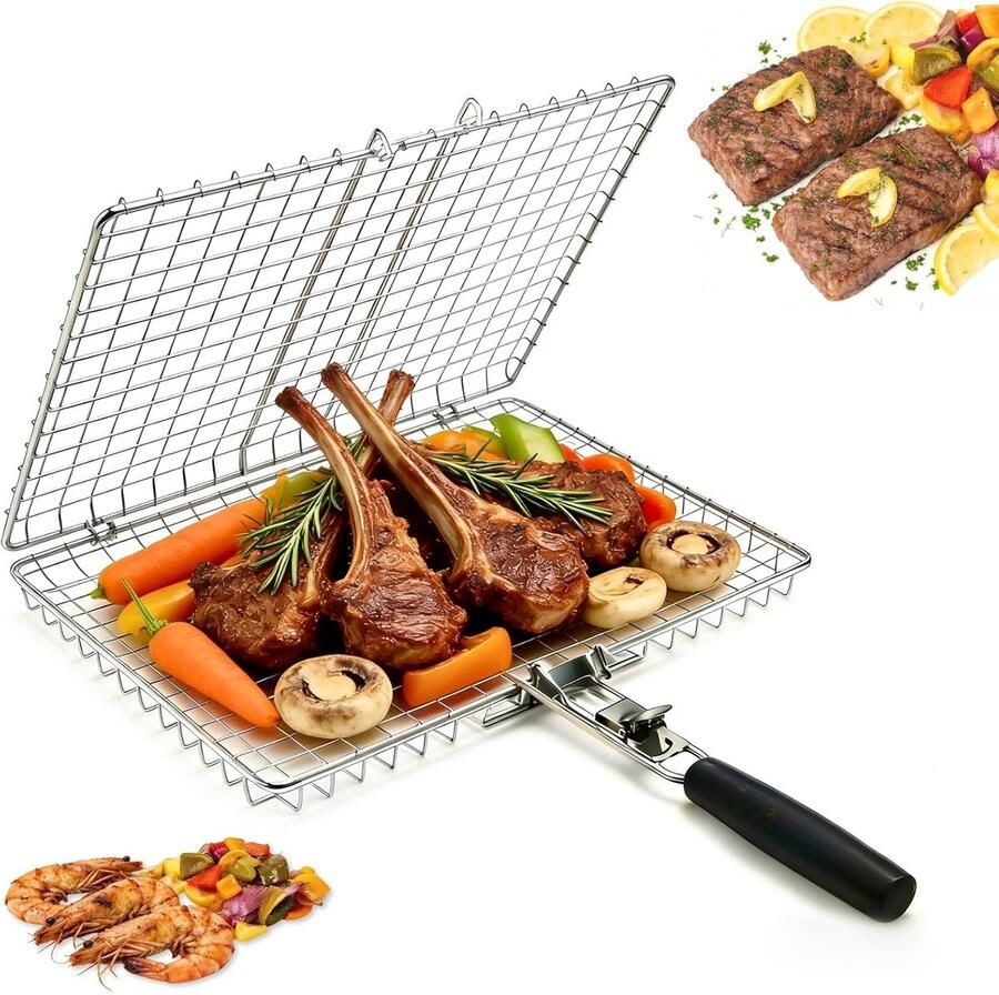 Grillmand Roestvrijstaal Vis Grillmand Barbecue Buiten Opvouwbaar Draagbaar 35x32x5 cm Zilver