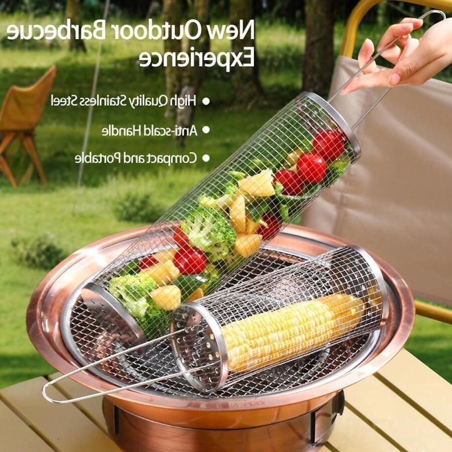 Grillmand Rolbaar Barbecue Cilinder Buiten Grillen 360 Graden Draaibaar 3.5 x 11 Inch Zilverkleurig