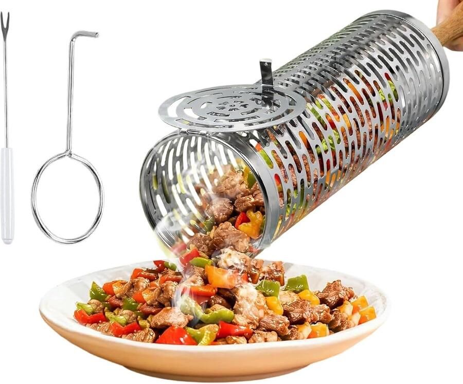 Rolmand Roestvrij Staal Grillmand Draaibaar Gelijkmatig Koken Afneembaar Handvat 23 cm Lengte Zilver