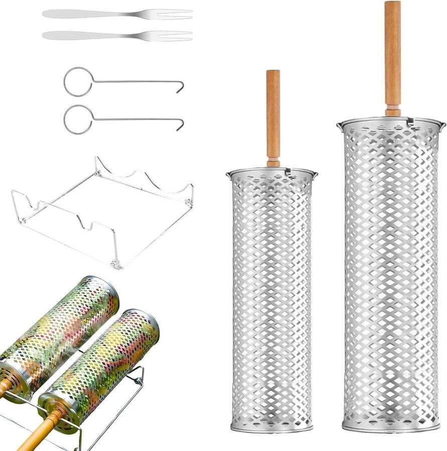 Rolgrill Roestvrij Staal Draaibare Mand Buiten Grillen Afneembare Handgrepen 33 x 12 cm Zilver