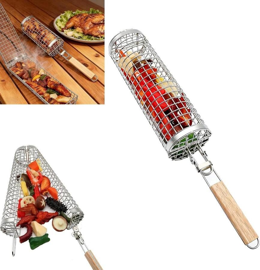 Grillmand Roterend Barbecue Mand Grill Korf Groenten Grillen 360 Graden Rotatie 513 x 295 cm Zilverkleurig