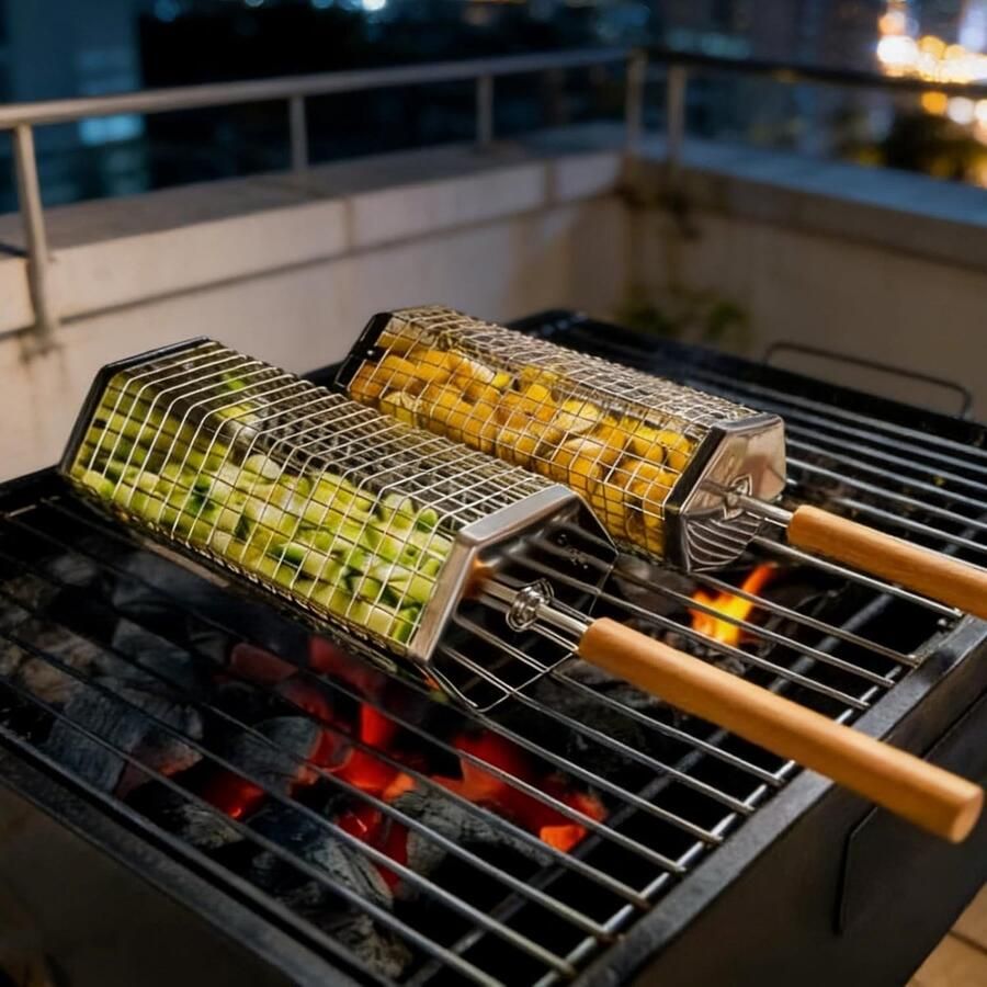 Grillmand Roterend BBQ Mand Gelijkmatig Grillen Voedselveilig Roestvrij Staal Optionele Maten Zilverkleurig
