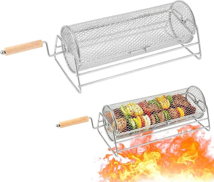 Grillmand Roterende Mand Barbecue Gelijkmatig Grillen 360 Graden Rotatie 30 cm x 12.5 cm Zilver