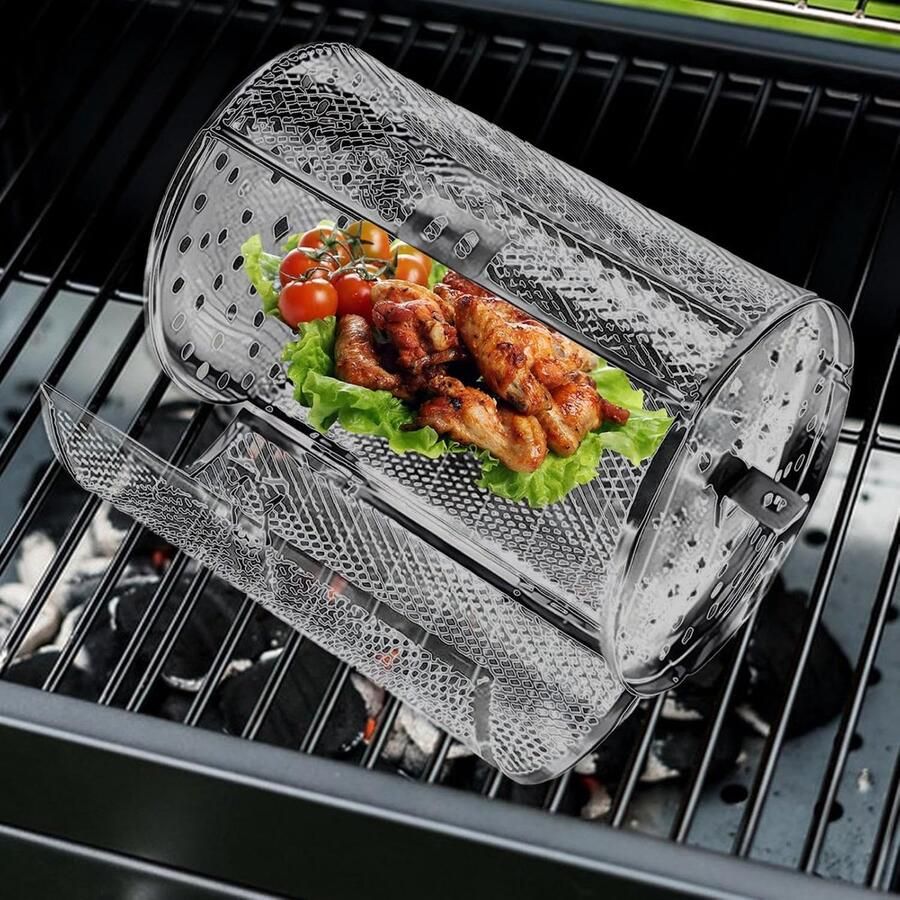 Grillmand Roterende mand Gelijkmatig grillen Roestvrij staal 18 x 12 x 12 cm Zilver