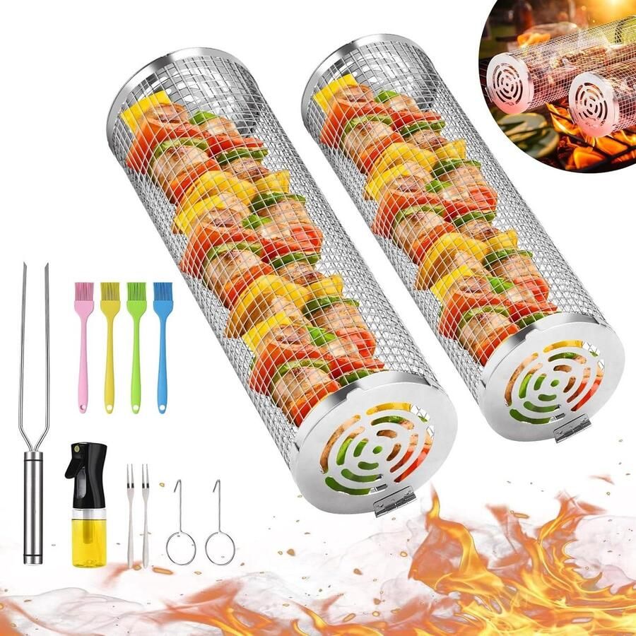 Grillmand RVS Barbecue Mand Roulade Gelijkmatig Grillen 360 Graden Roterend 29 cm Zilver