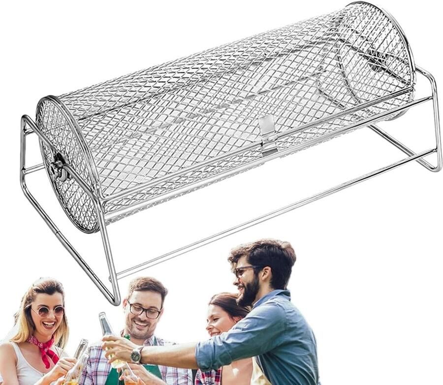Grillmand RVS Barbecue Rolmand Groenten Grillen Gelijkmatige Warmteverdeling 35.5 x 19 x 14 cm Zilverkleurig
