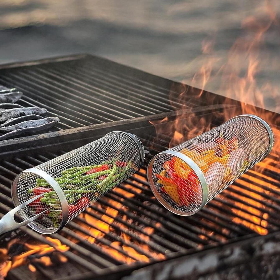 Grillmand RVS BBQ mand groentemand Gerechten grillen Roller design 2 stuks Zilver