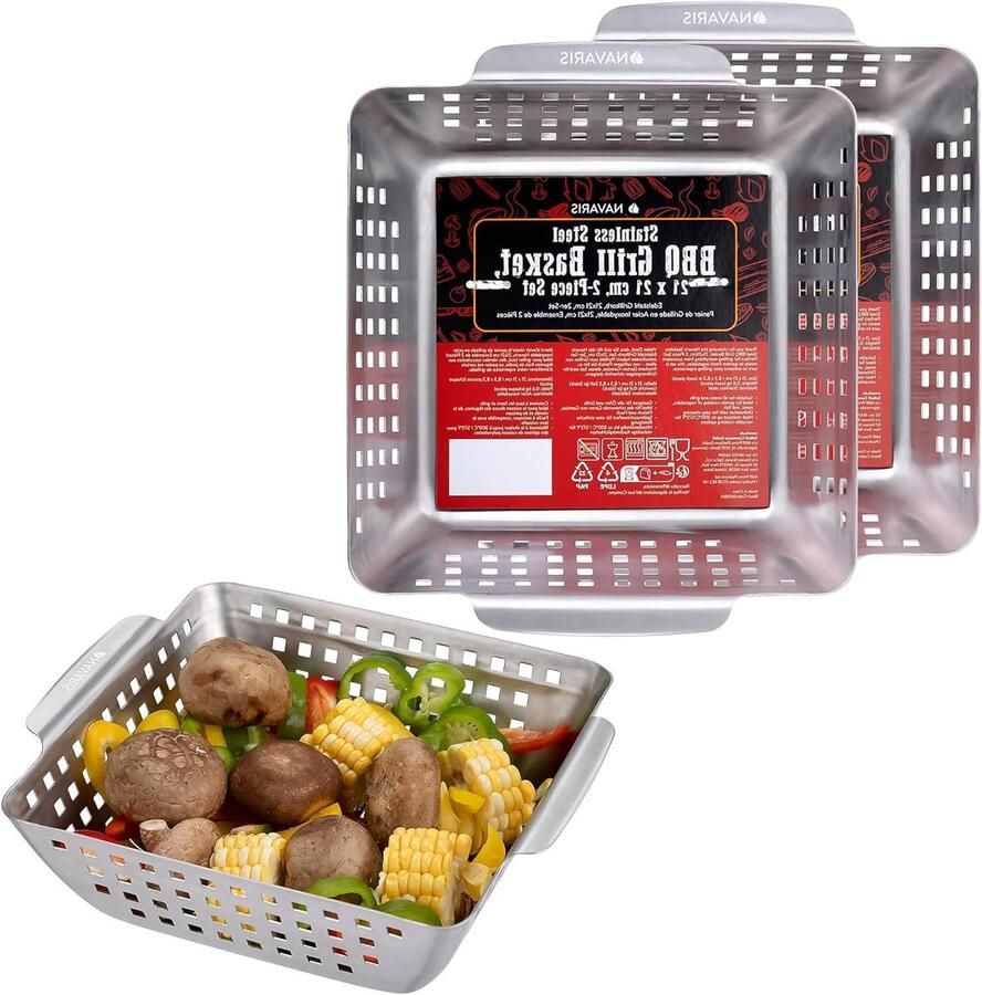Grillmand RVS BBQ mandje grillschaal Barbecueën en grillen Gelijkmatige bereiding 21x21x75 cm Zilver
