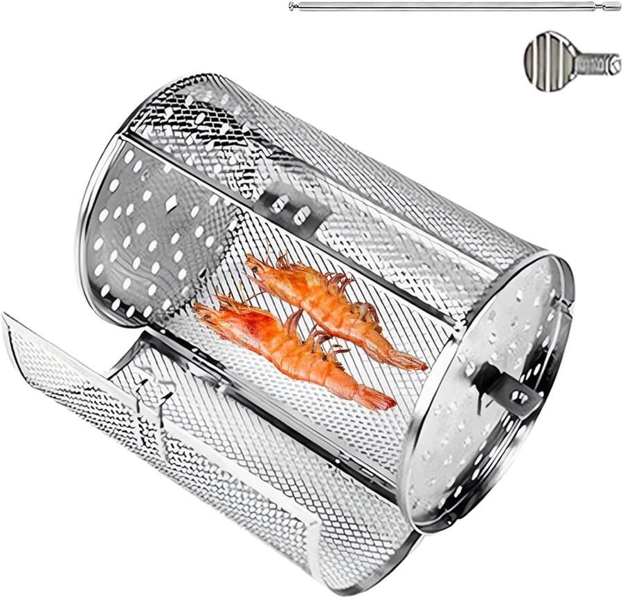 Grillmand RVS Draaibaar Roterend Grillrooster BBQ Accessoires Robuust Ontwerp 30 x 17 cm