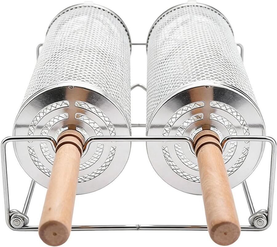 Grillmand RVS Groentekooi Barbecue Gelijkmatig Grillen Afneembaar Houten Handvat 32.3 x 11.1 cm Zilver