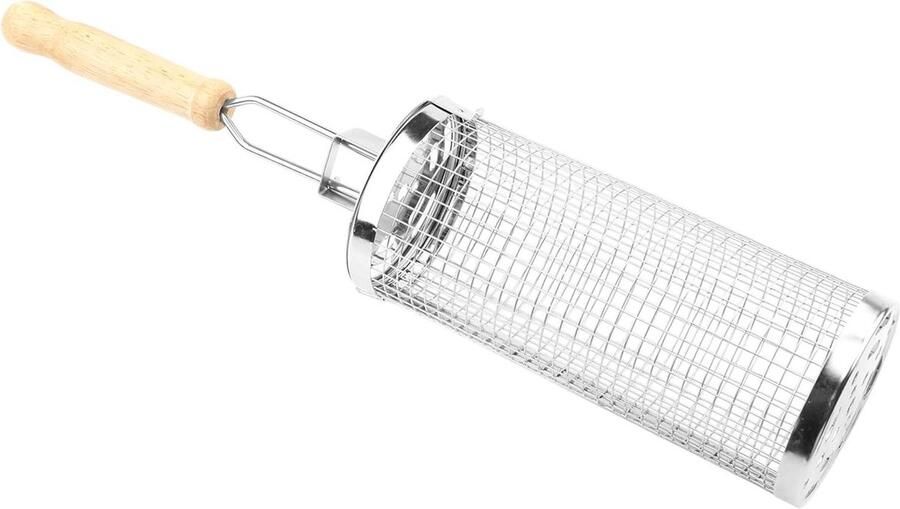 Grillmand RVS Rolkoker Mand Gelijkmatig Grillen Houten Handvat 228 x 85 cm Zilver