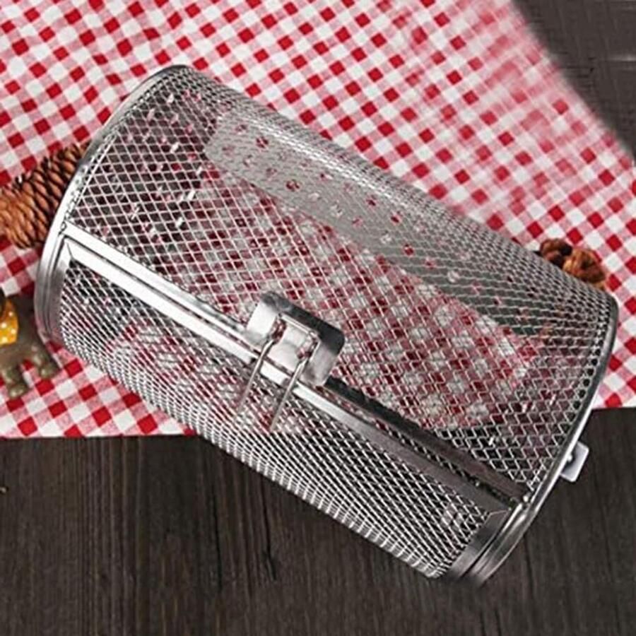 Grillmand RVS Trommelkooi Oven Gelijkmatig Grillen 360 Graden Draaibaar 14 x 18 cm Zilver
