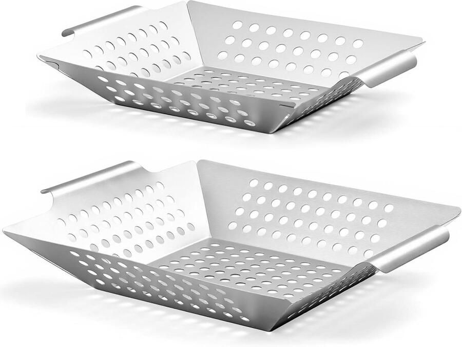 Grillmand Set Groente Vlees Mand Buiten Grillen Roestvrij Staal 2 Maten Zilverkleurig