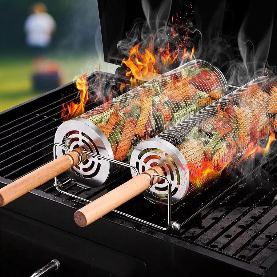 Grillmand Set Rvs Manden Gelijkmatig Grillen 360 Graden Draaibaar 2 Stuks Zilver