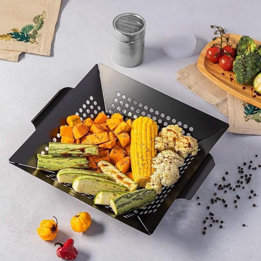 Grillmand Staal BBQ Mand Groenten Grillen Antiaanbaklaag 35 x 50 x 6 cm Zilver