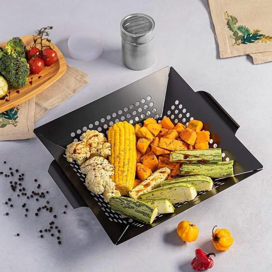 Grillmand Staal Groentenmand BBQ Lekker Grillen Antiaanbaklaag Gaten 35 x 50 x 6 cm Zilver