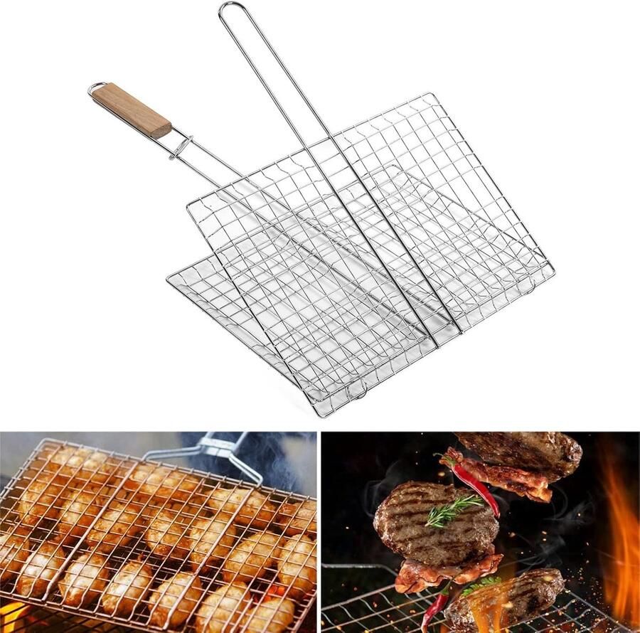 Grillmand Staal Vismand BBQ Buiten Koken Afsluitbaar Mechanisme 1 Eenheid Chroom