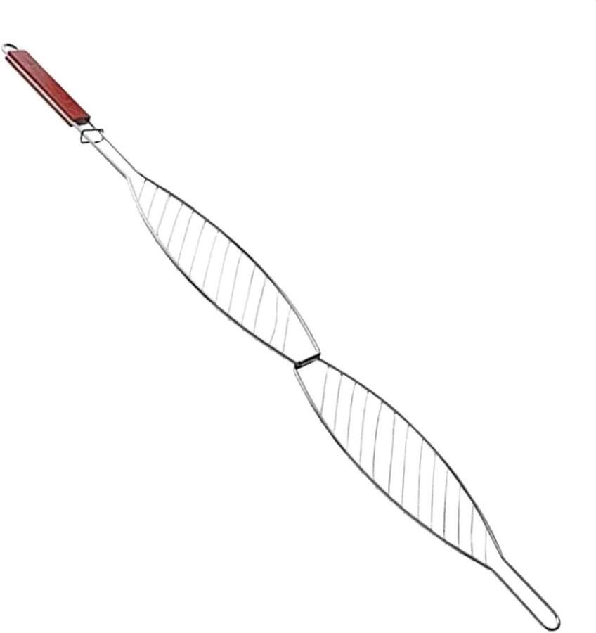 Grillmand Vis Barbecue Mand Garnalen Grillen Houten Handvat 35 x 15 x 5 cm Zilver