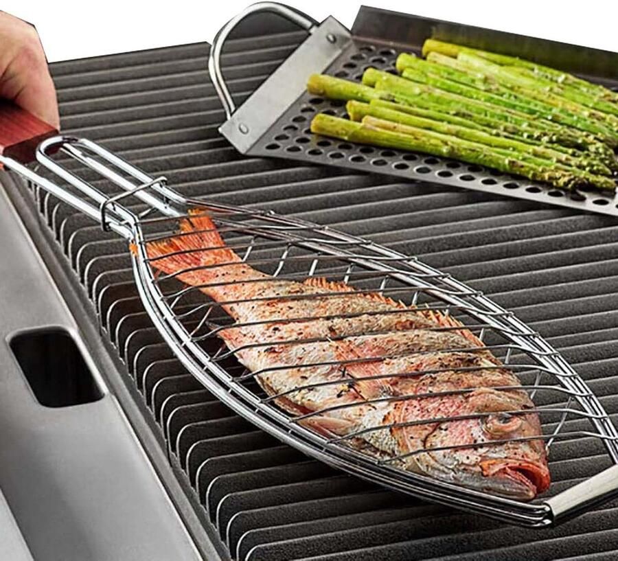 Grillmand Vis BBQ Accessoire Buiten Koken Verstelbare Grill 35 cm Lengte Zilver