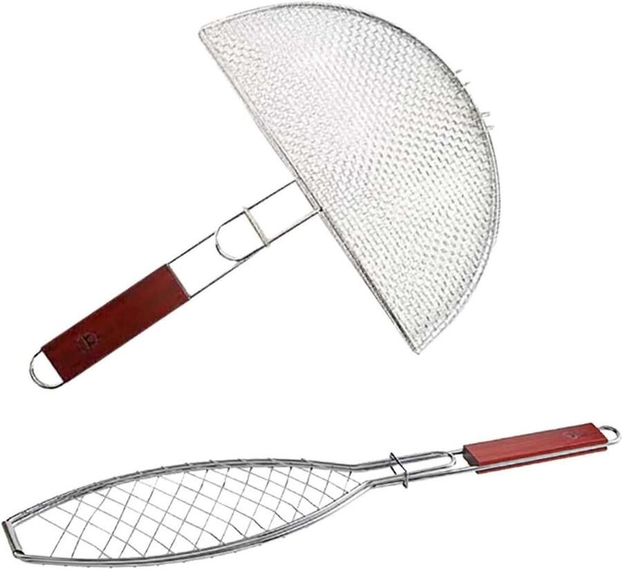 Grillmand Vis BBQ Mand Buiten Koken Hittebestendig Hout Handvat 28x20cm Zilver
