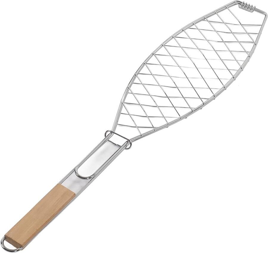 Grillmand Vis BBQ Mand Buiten Koken Houten Handvat 15 x 67 cm Zilver