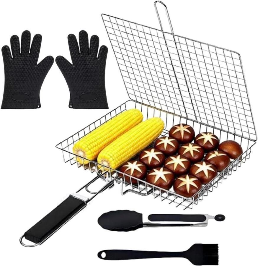 Visgrillmand Grillrooster Opvouwbaar Buiten Koken Roestvrijstalen Constructie 32x46.5 cm Zilver