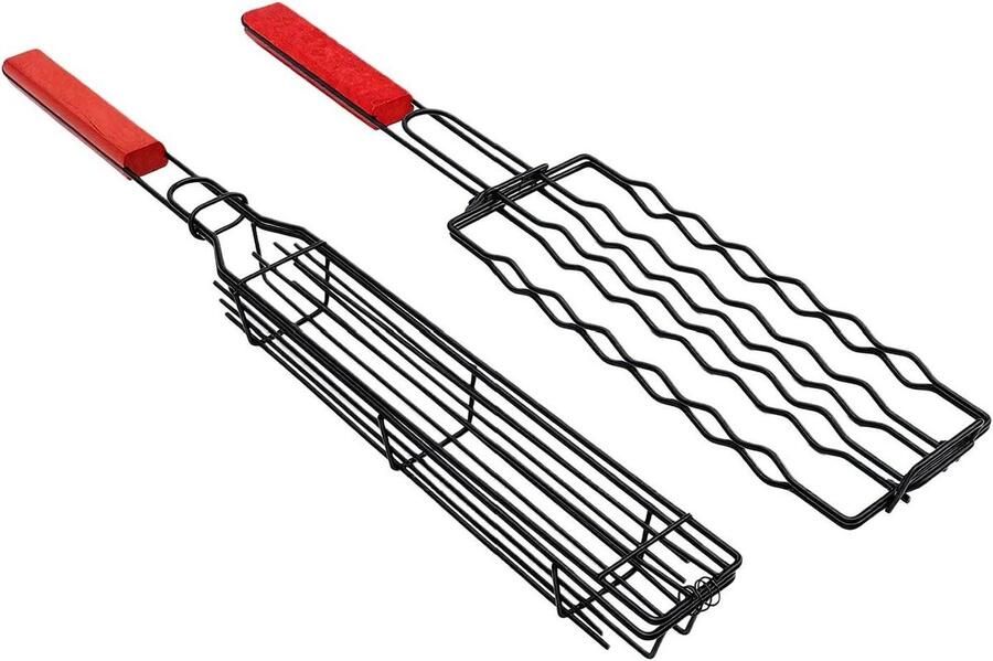 Grillmand Worst houder Barbecue Koken Houten handvat Morsbestendig Zwart