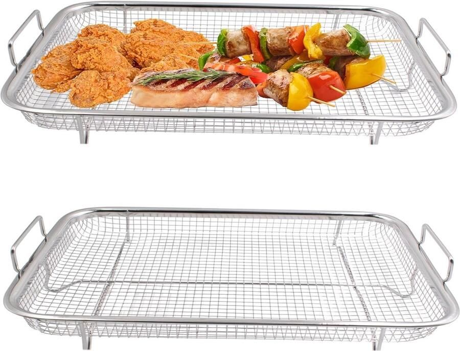 Grillmand Zilver 30 x 22 x 5 cm Roestvrij Staal Grillplaat met Handgrepen Voor Groenten Vlees Vis en Kip