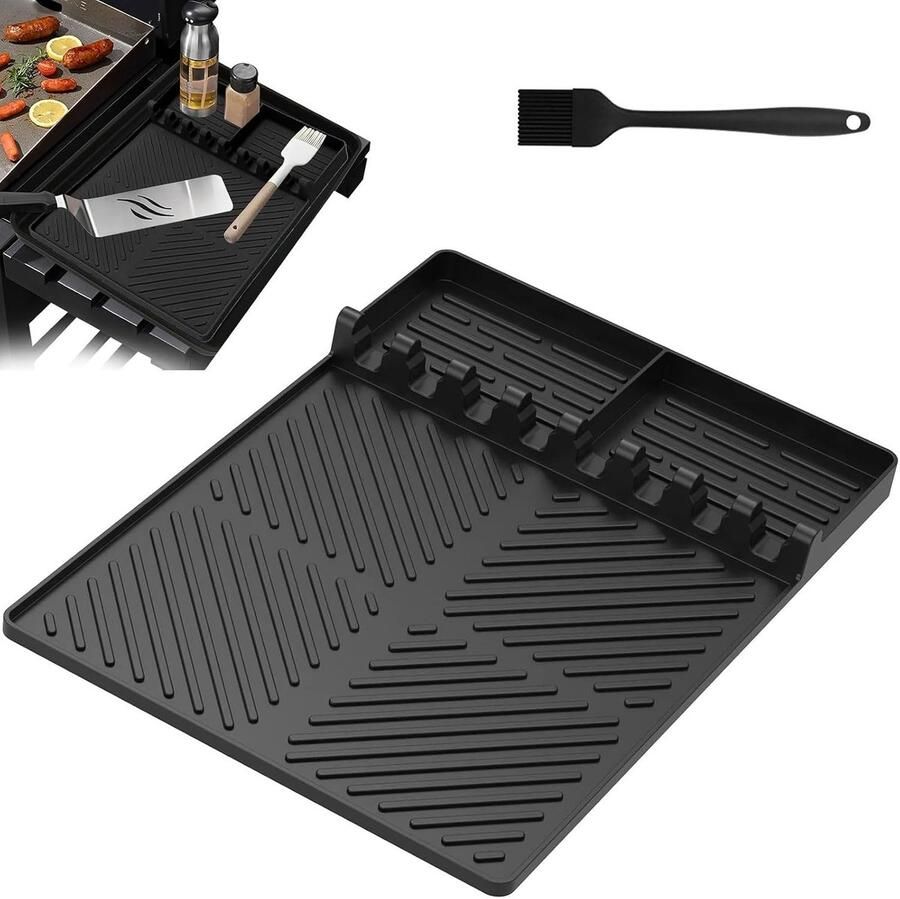 Grillmat met Borstel Zwart 40 5 x 29 5 x 2 cm Siliconen Grillaccessoire voor Buiten en Keuken