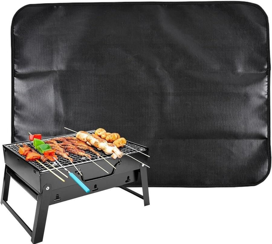 Grillmat Onderlegger Vlonder Beschermer Barbecue Veiligheid Dubbelzijdig Vuurvast 91 x 122 cm Zwart
