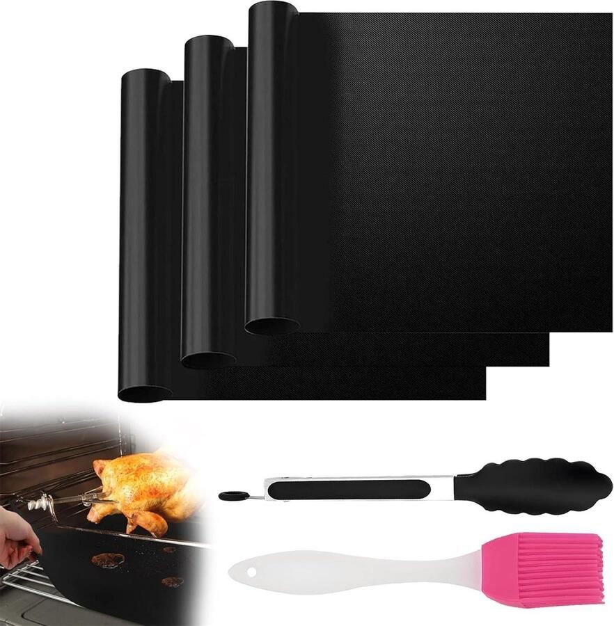 Grillmat Set Ovenmat Bakplaat Barbecueën Koken Hittebestendig Herbruikbaar 400x330 mm Zwart