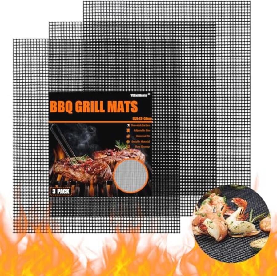 Grillmat Set van 3 42 x 36 cm Herbruikbare Antiaanbak Grillmat voor Gasgrill Houtskool Elektrische Grill Luchtfriteuse en Oven
