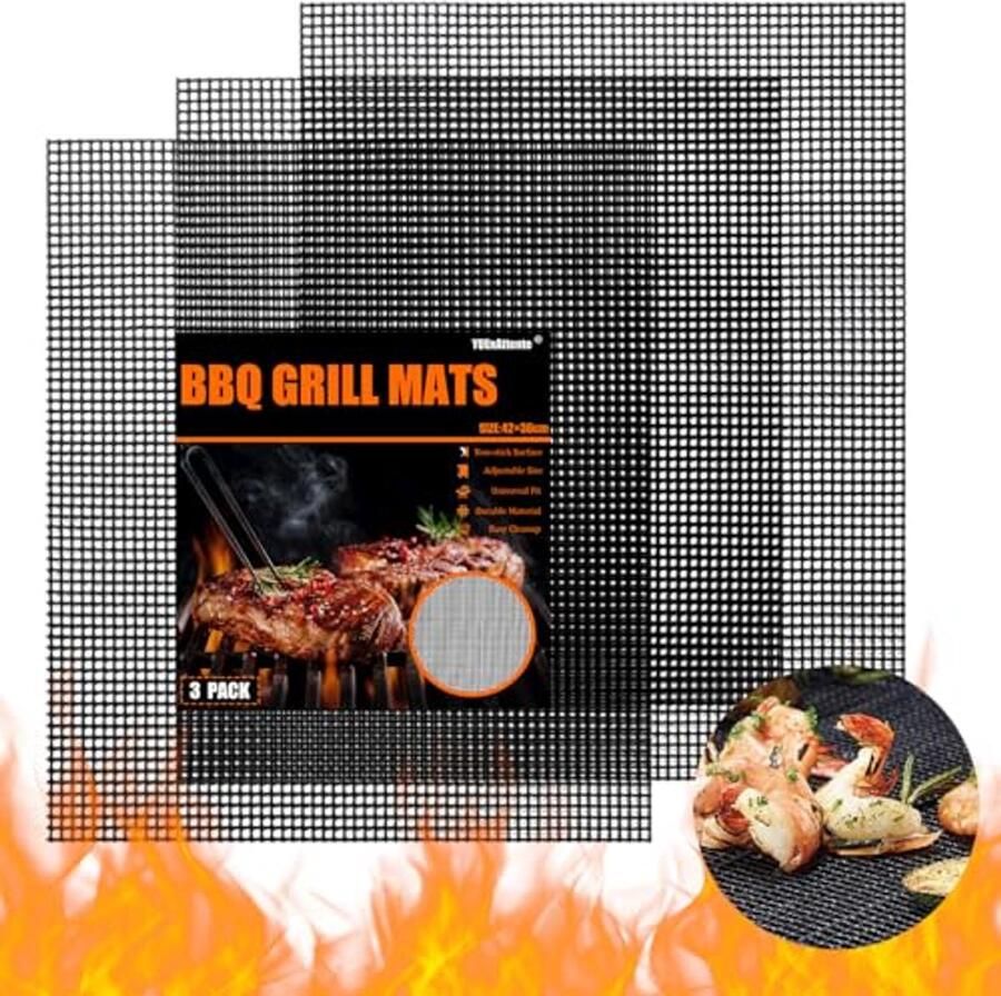 Grillmat Set van 3 42 x 36 cm Herbruikbare Antiaanbak Grillmat voor Gasgrill Houtskool Elektrische Grill Luchtfriteuse en Oven