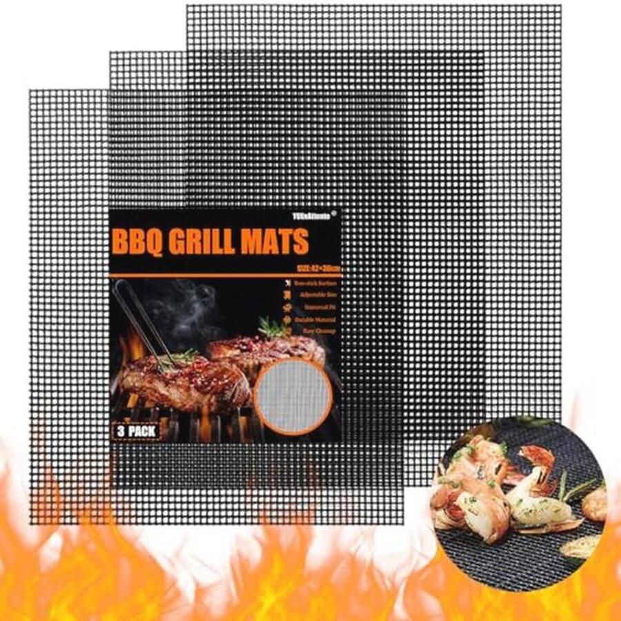 Grillmat Set van 3 42 x 36 cm Herbruikbare Antiaanbak Grillmat voor Gasgrill Houtskool Elektrische Grill Luchtfriteuse en Oven
