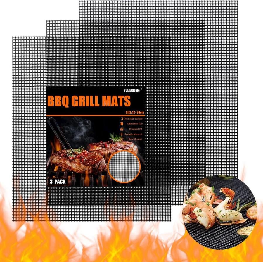 Grillmat Set van 3 42 x 36 cm Herbruikbare Antiaanbak Grillmat voor Gasgrill Houtskool Elektrische Grill Luchtfriteuse en Oven