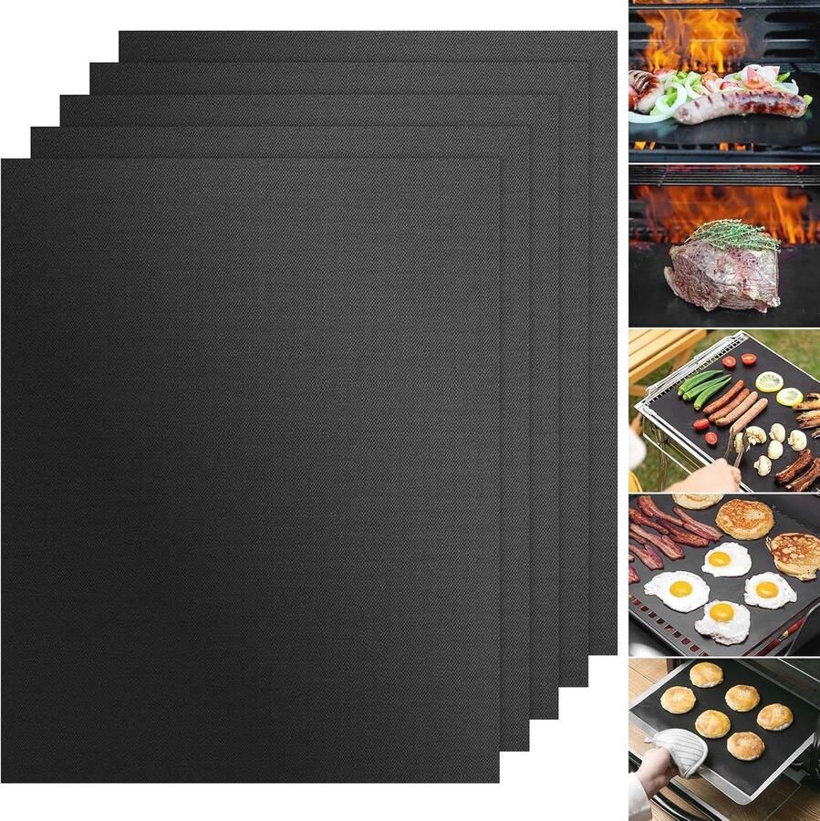 Grillmat Set van 5 Anti-Aanbak Teflon Grillplaten voor Gasgrill en Houtskoolgrill (40 x 50 cm)