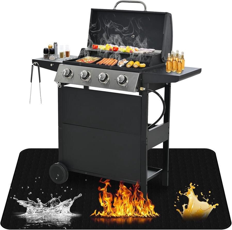 Grillmat Vloerbescherming Onderlegger BBQ Buiten koken Vuurvast glasvezel 152 x 101 cm Zwart
