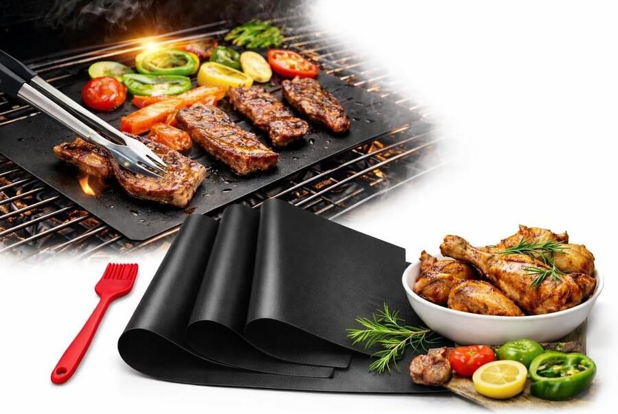 Grillmatten Set Antiaanbak Platen Veilig Grillen Herbruikbaar & Hittebestendig 3 Stuks Zwart