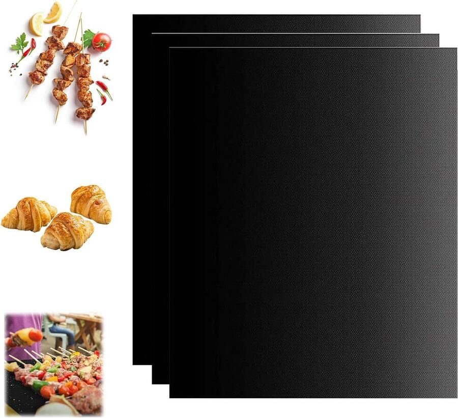 Grillmatten Set Bakfolie Herbruikbaar Perfect Grillen Hoge Temperatuur Bestendig 3 Stuks 40x33cm Zwart