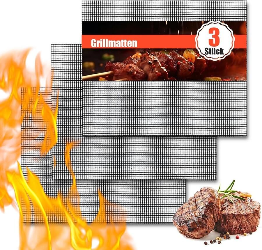 Grillmatten Set van 3 Zwart 42 x 36 cm Hittebestendig en Herbruikbaar Voor BBQ Oven en Airfryer