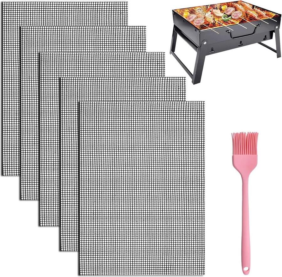 Grillmatten Set Zwart 30 x 40 cm Herbruikbare Anti-aanbak Bakmat met Bakborstel Voor Grillen en Bakken
