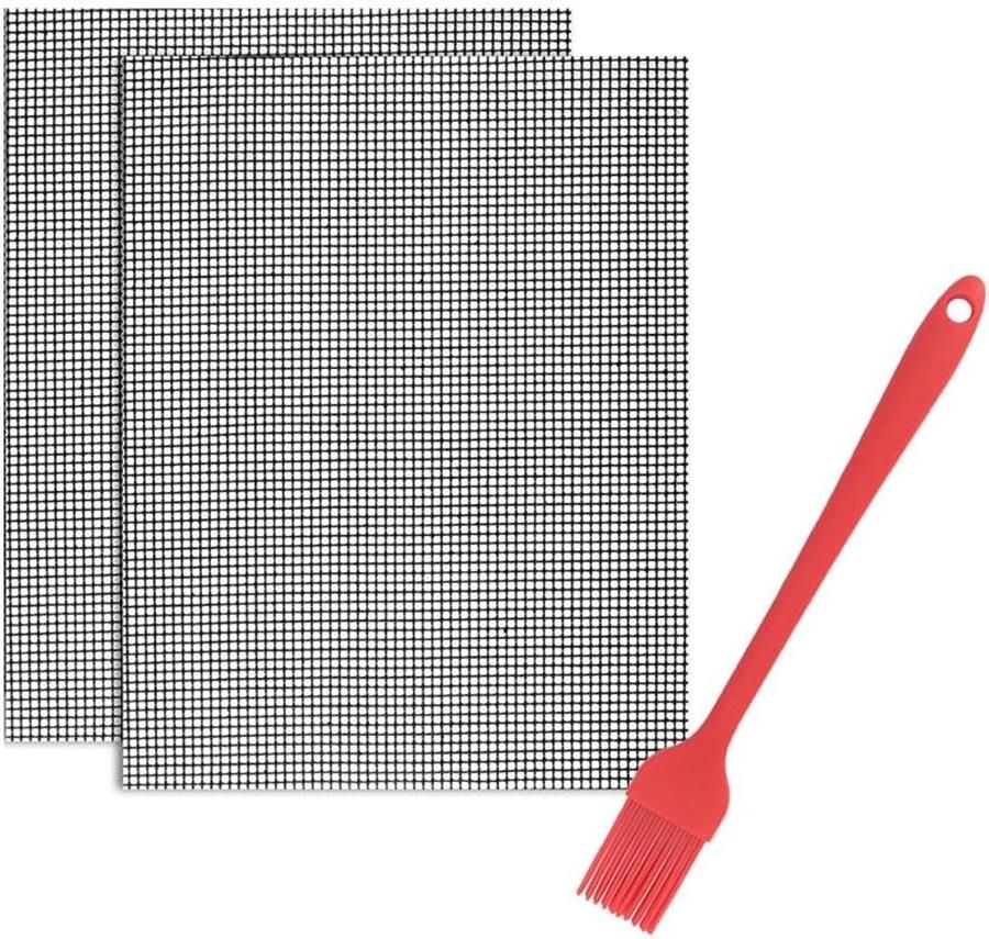 Grillmatten Set Zwart 40 x 30 cm Herbruikbare Hittebestendige Grillmatten met Siliconen Borstel Voor BBQ en Grill
